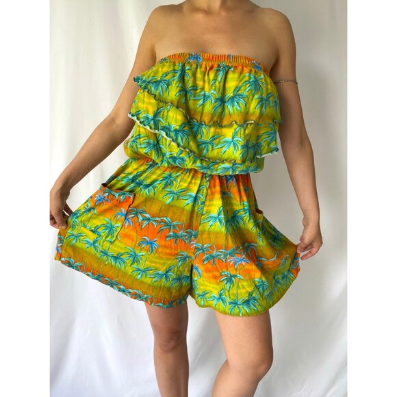 80s vintage green tropical beach print ruffle strapless romper shorts playsuit - Picture 2 of 10